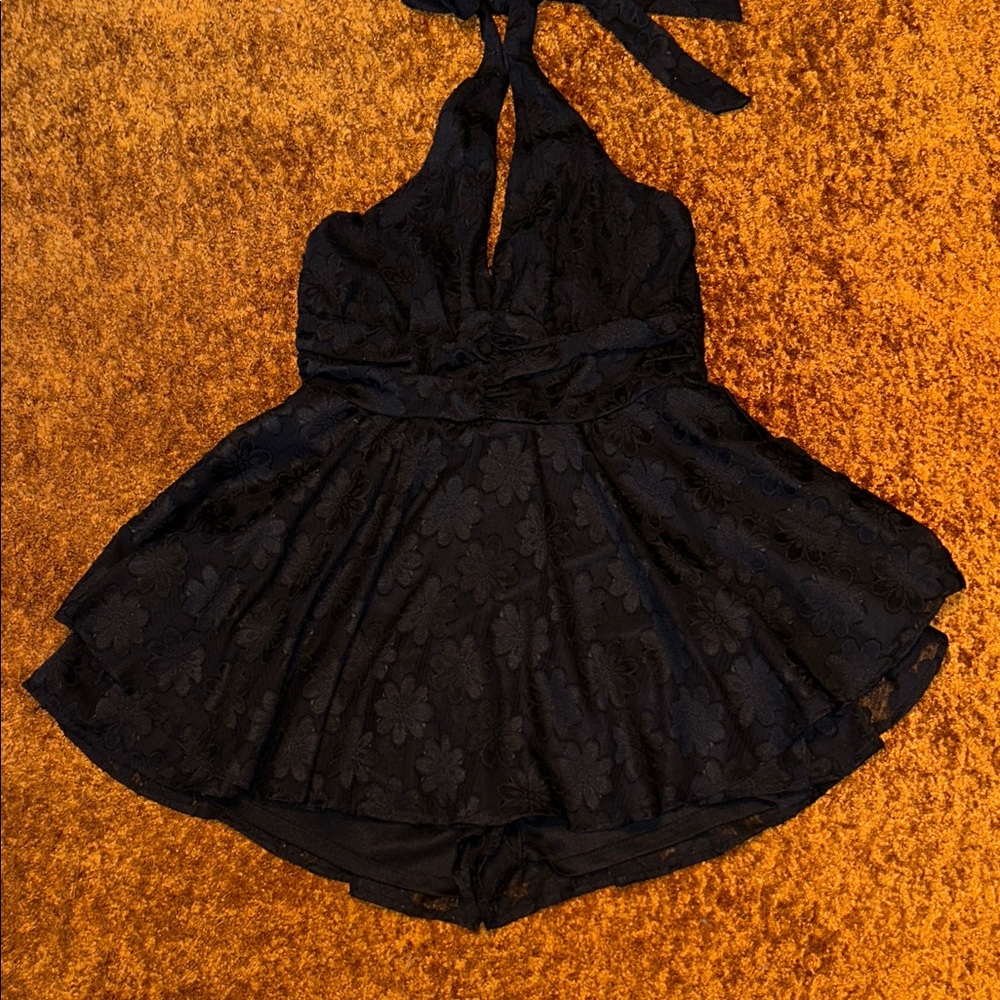 Black Halter Lace Romper Jumpsuit